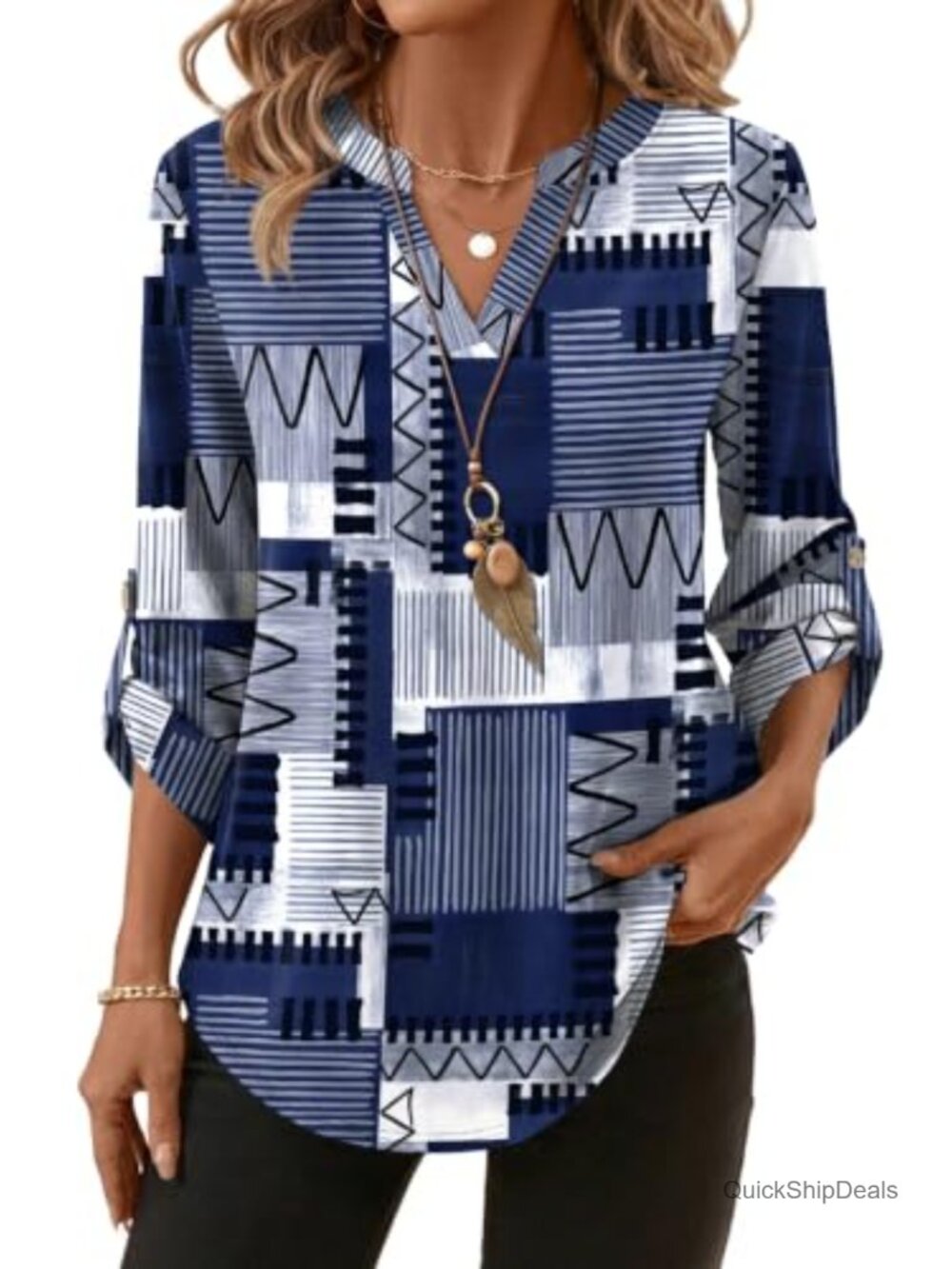 Womens 3/4 Sleeve V Neck Button Down Blouse Business Casual Loose Fit